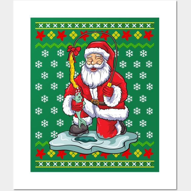 Ice Fishing Santa Claus Fisherman Ugly Christmas Sweater Wall Art by E